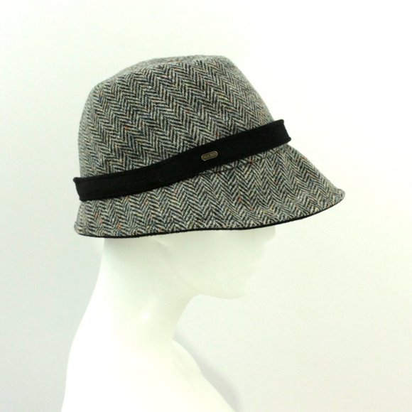 New Herringbone Fold Brim Wool Bucket Hat Black Gray Made in Ireland - Picture 4 of 8